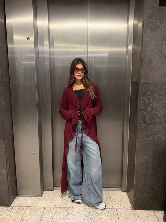 Ruffled cardigan-Burgundy