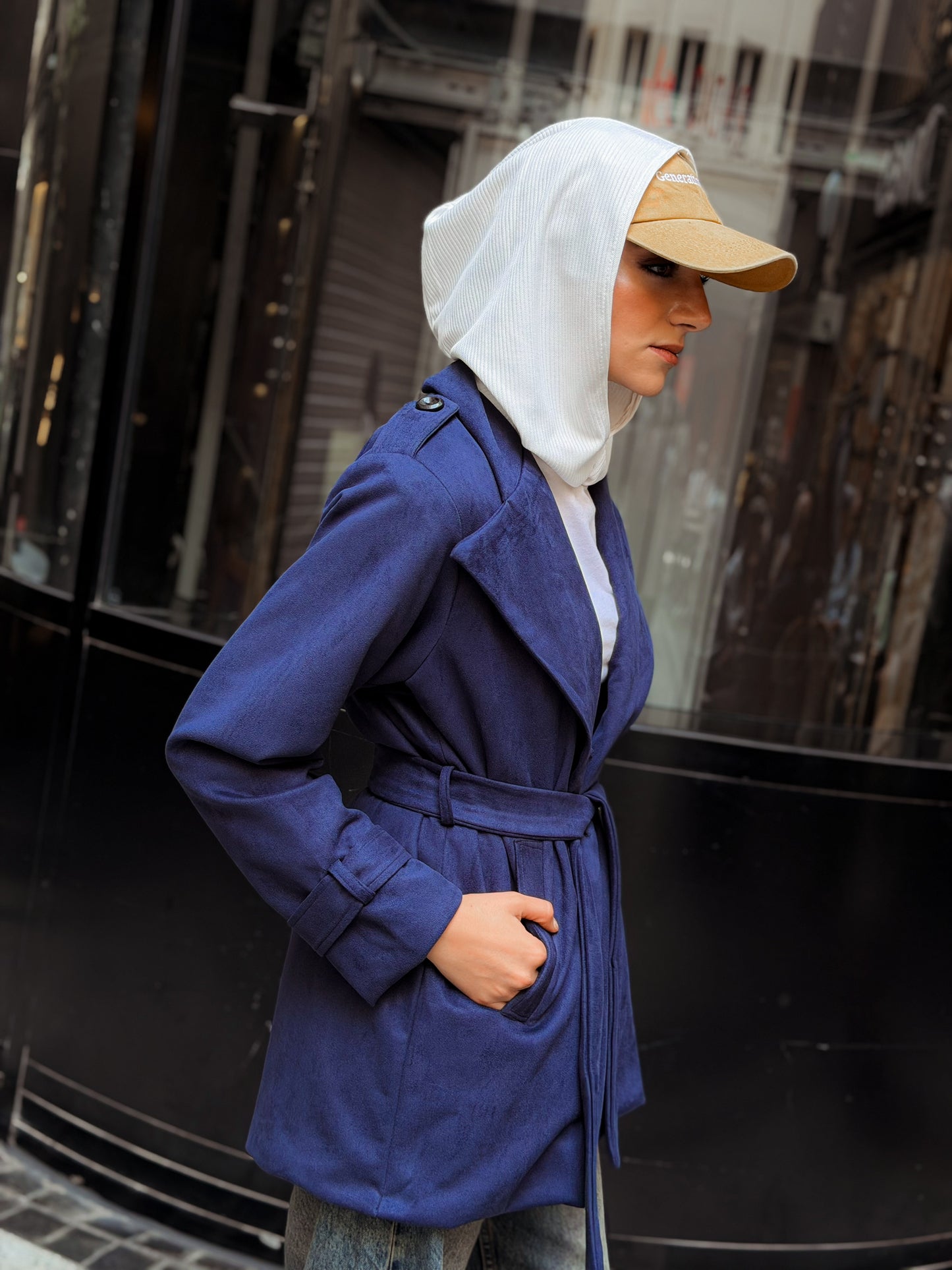 Suede trench coat-Navy