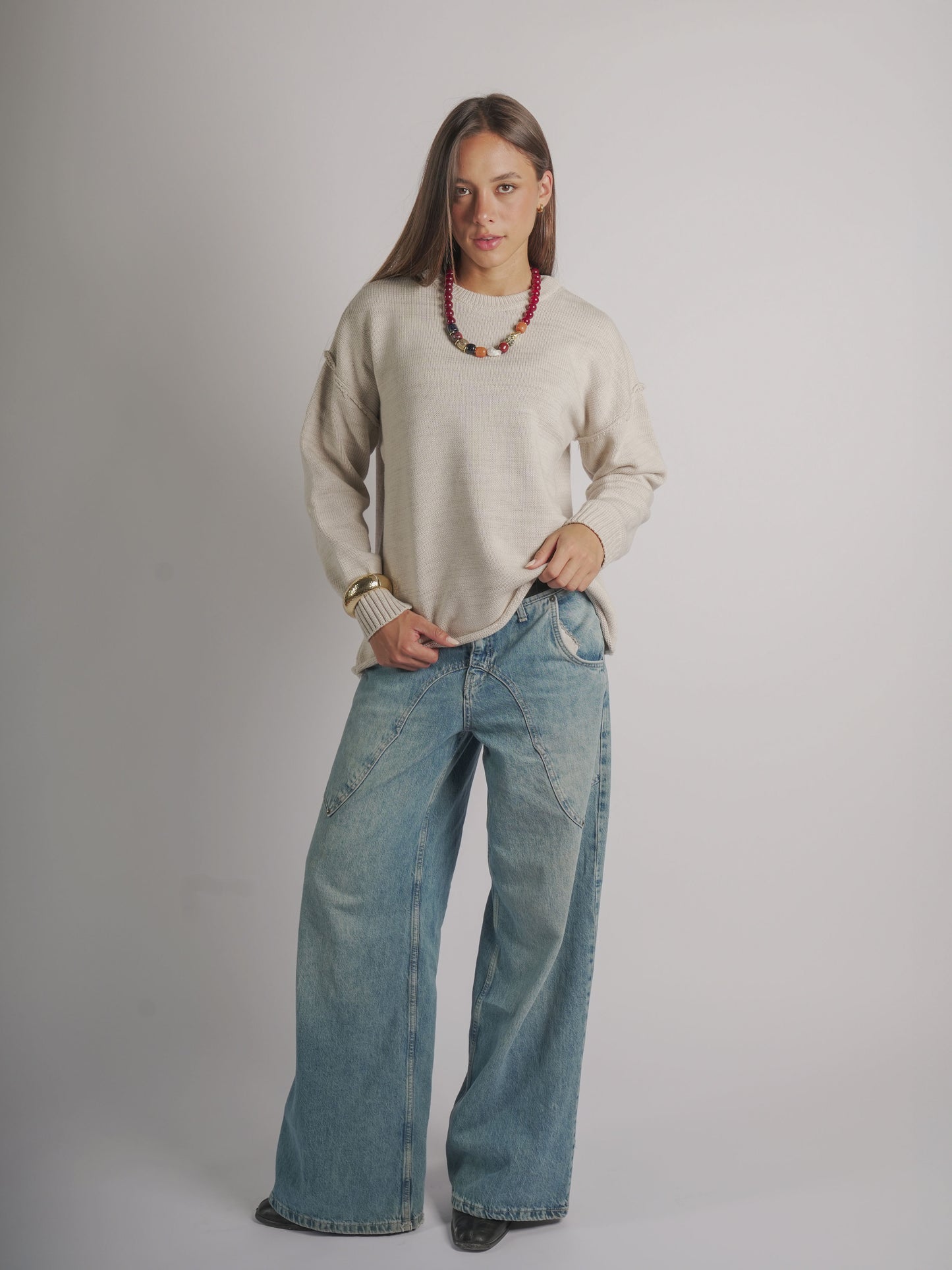 Oversized longline knit jumper-CREAM