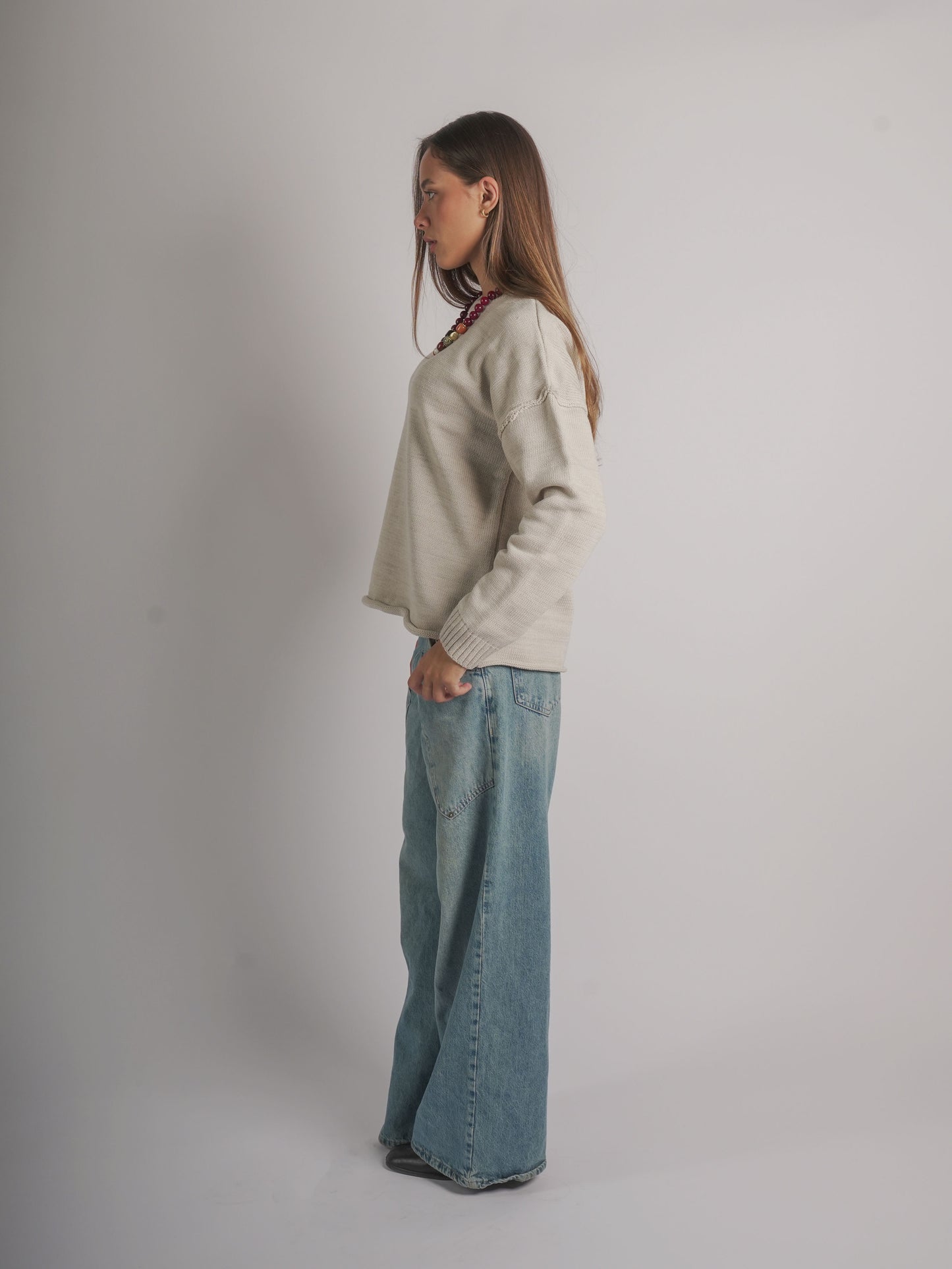 Oversized longline knit jumper-CREAM