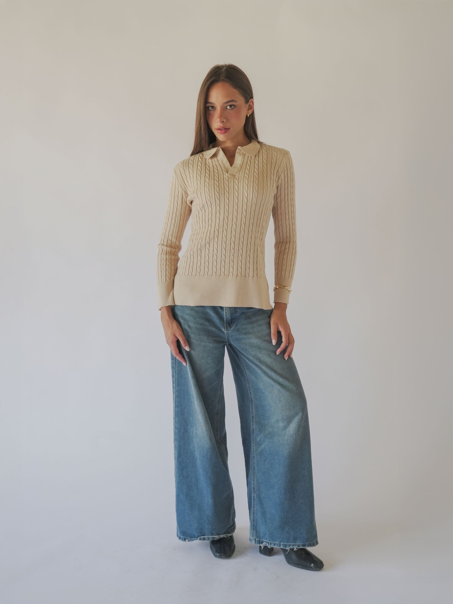 CABLE-KNIT POLO SWEATER-Beige