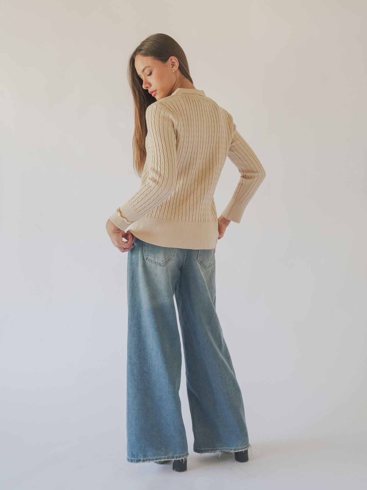 CABLE-KNIT POLO SWEATER-Beige