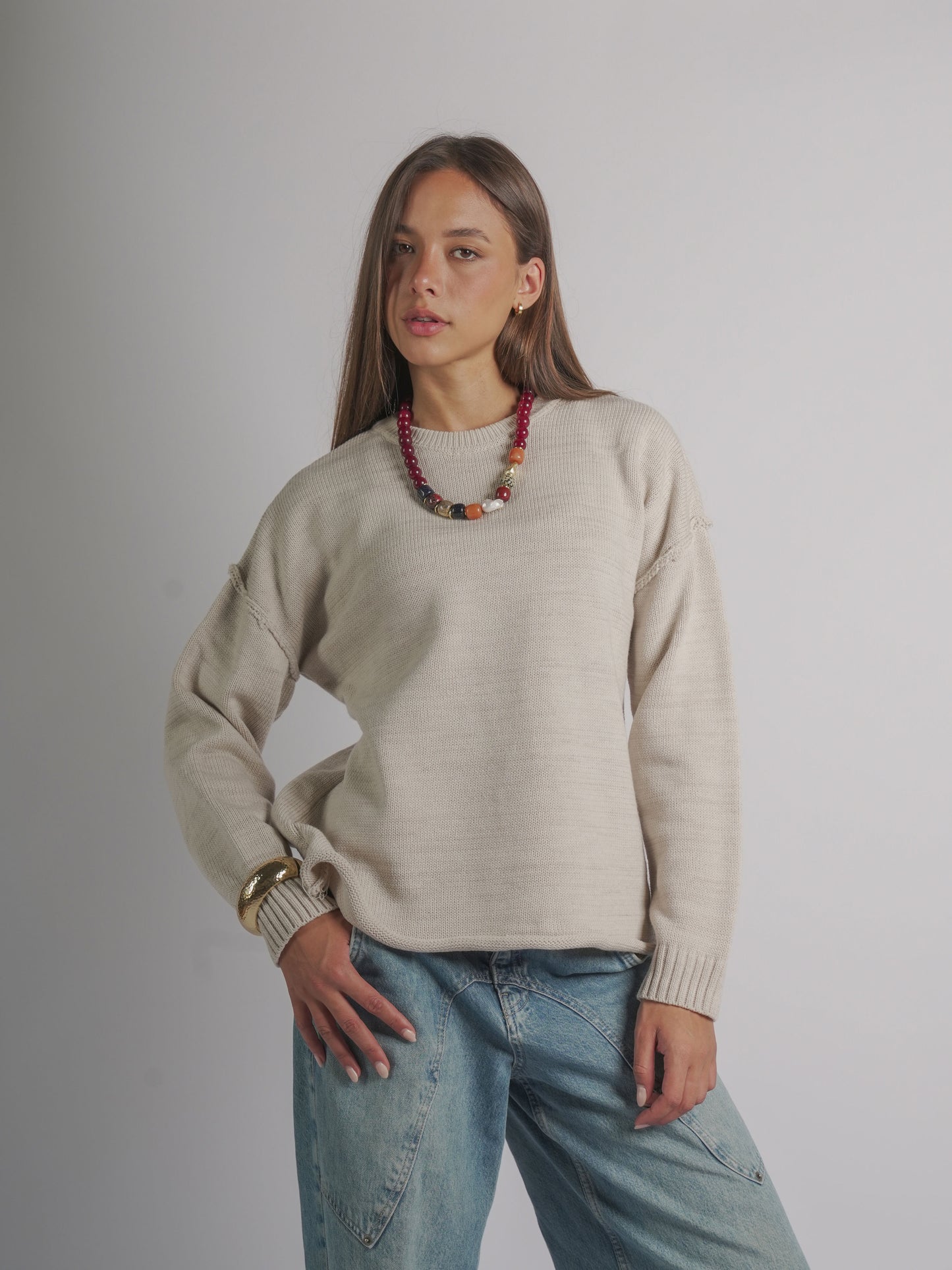 Oversized longline knit jumper-CREAM