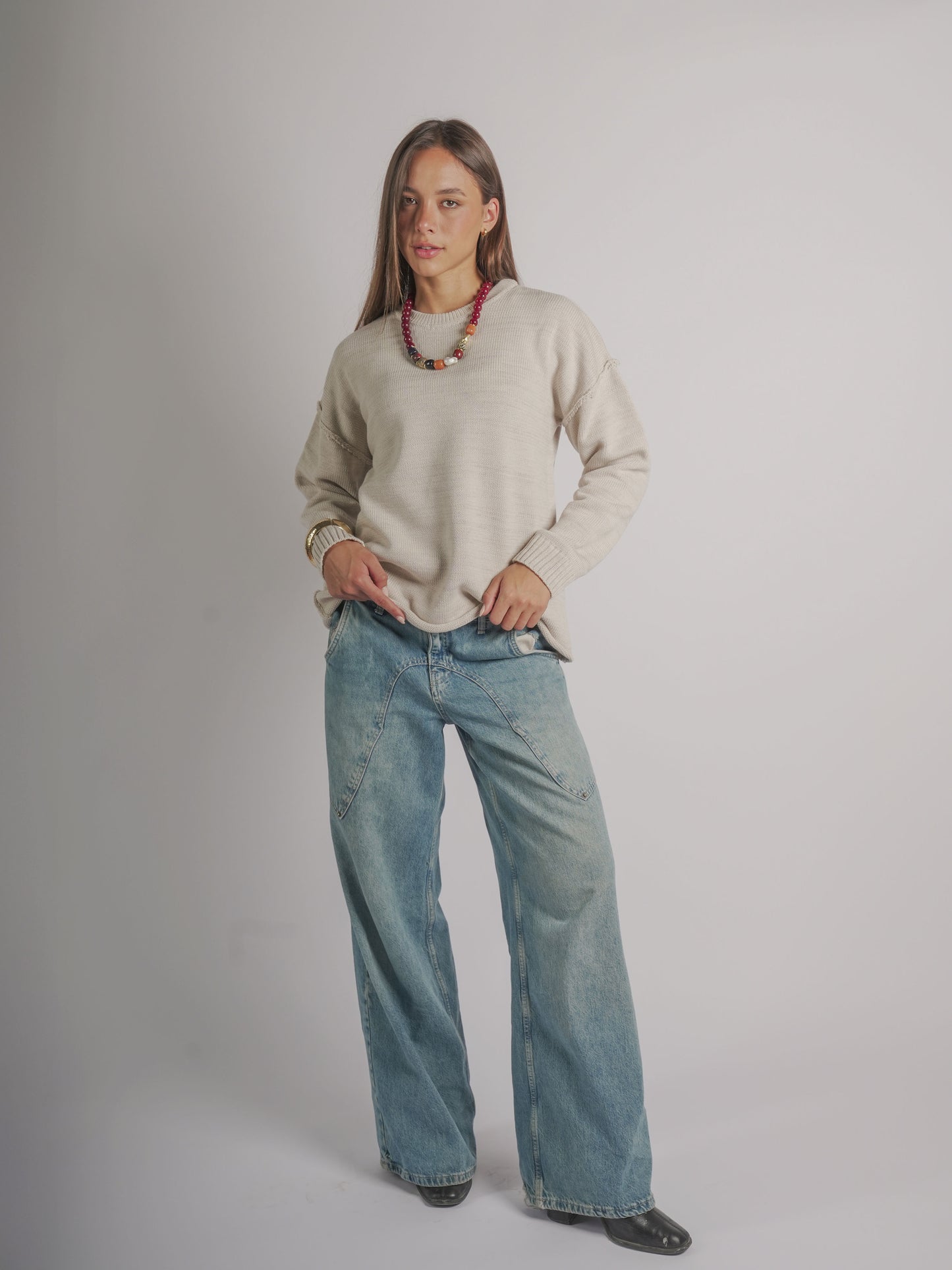 Oversized longline knit jumper-CREAM