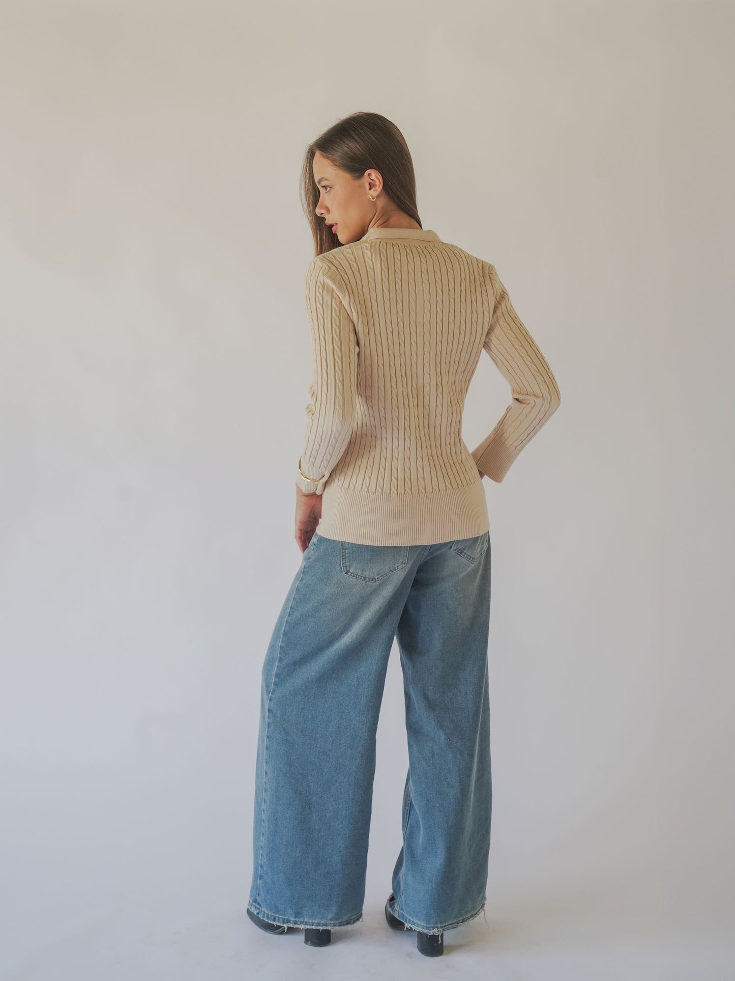 CABLE-KNIT POLO SWEATER-Beige