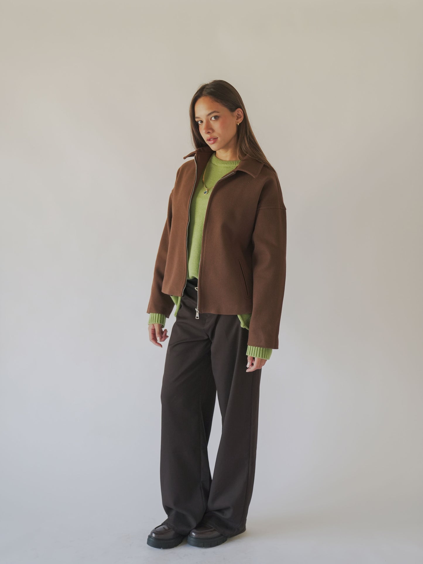 Wool cropped jacket-brown