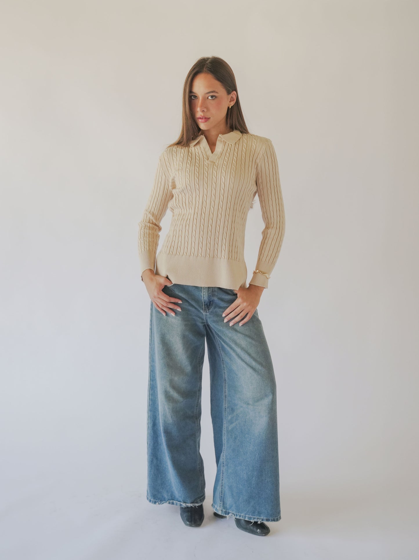 CABLE-KNIT POLO SWEATER-Beige