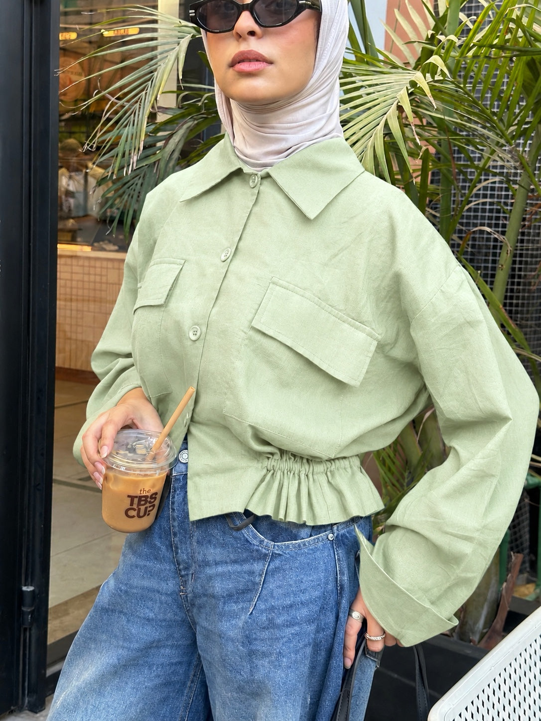 Cargo linen shirt-Mint