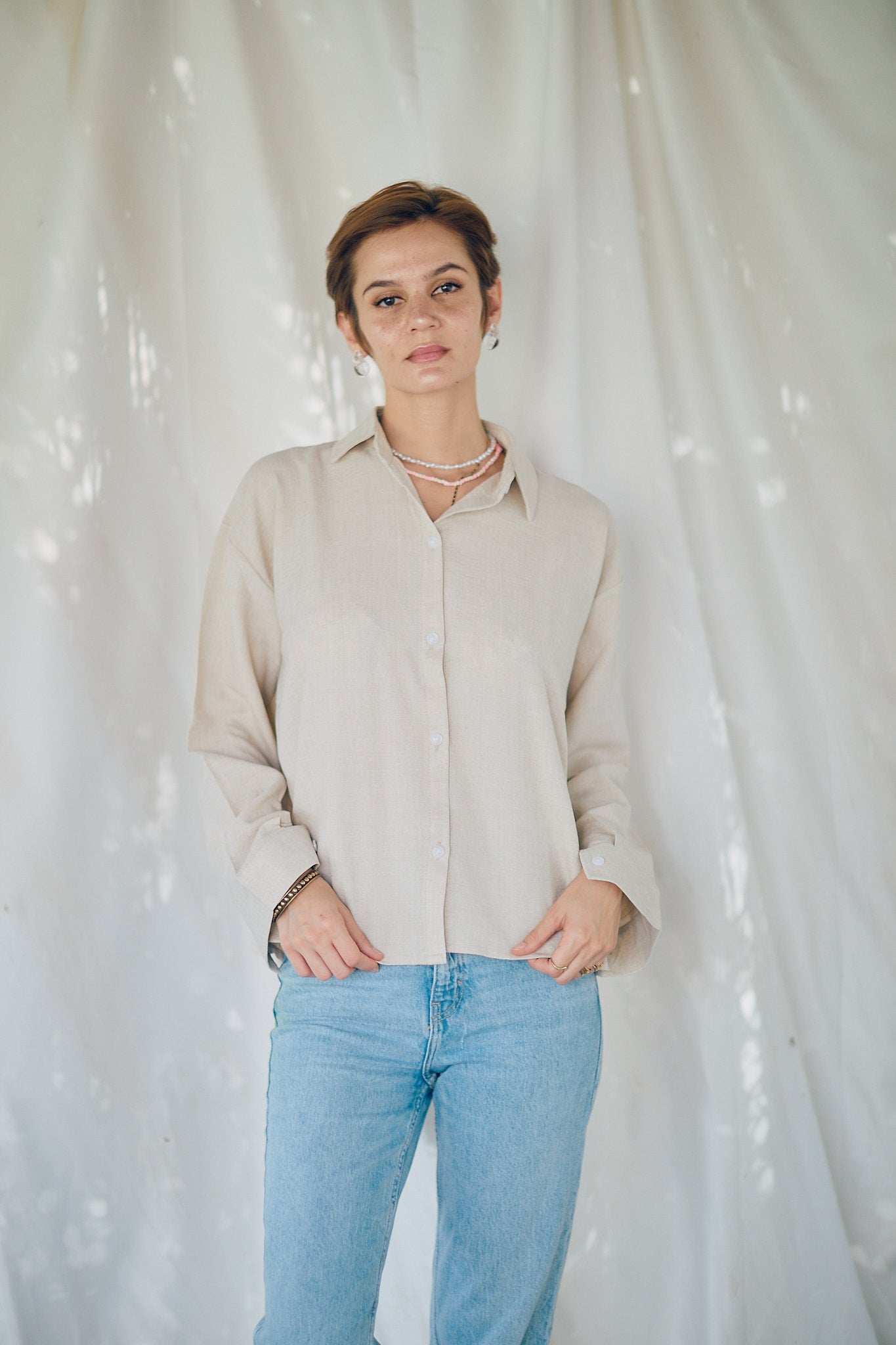 Cropped Linen Shirt - Beige