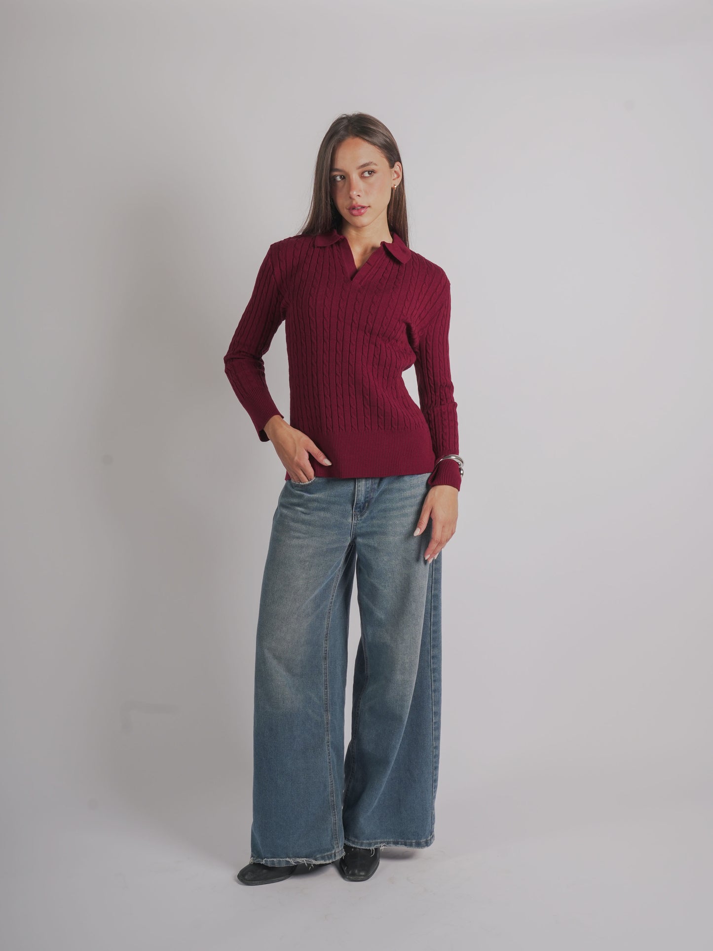 CABLE-KNIT POLO SWEATER-Burgundy
