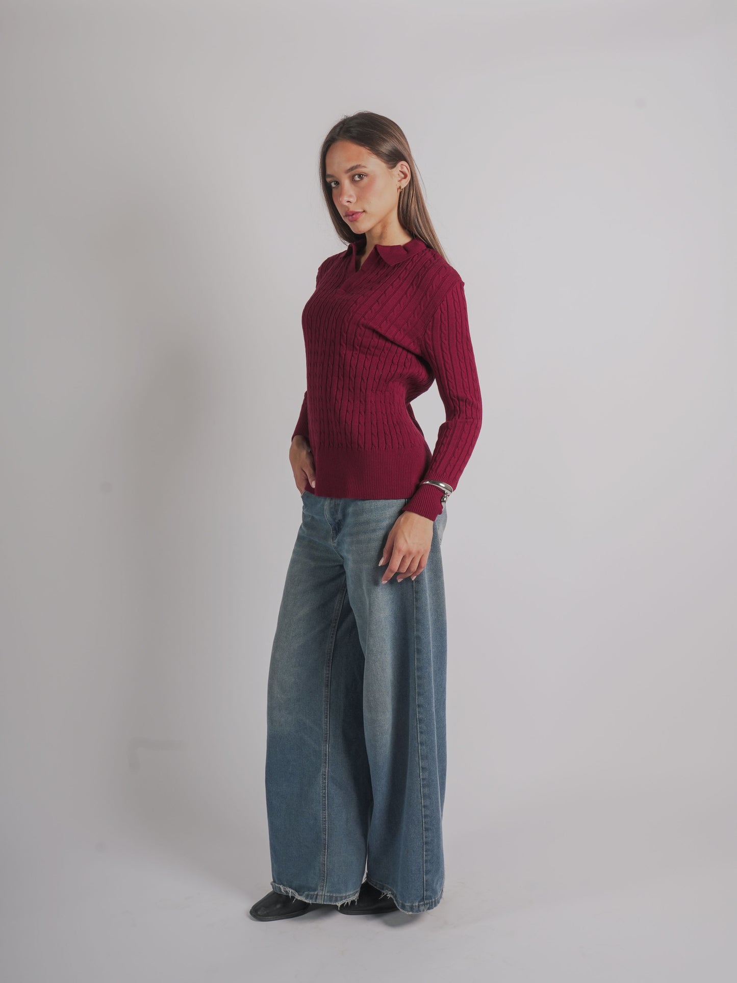 CABLE-KNIT POLO SWEATER-Burgundy