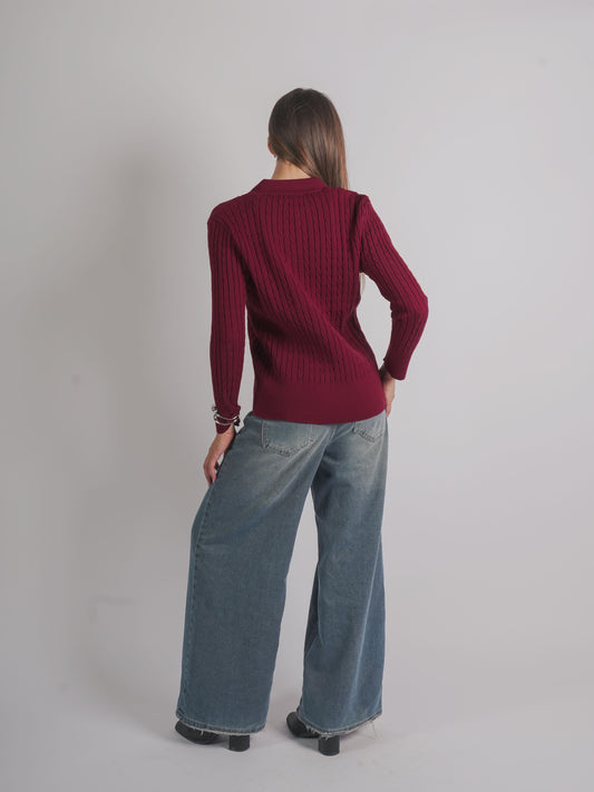 CABLE-KNIT POLO SWEATER-Burgundy