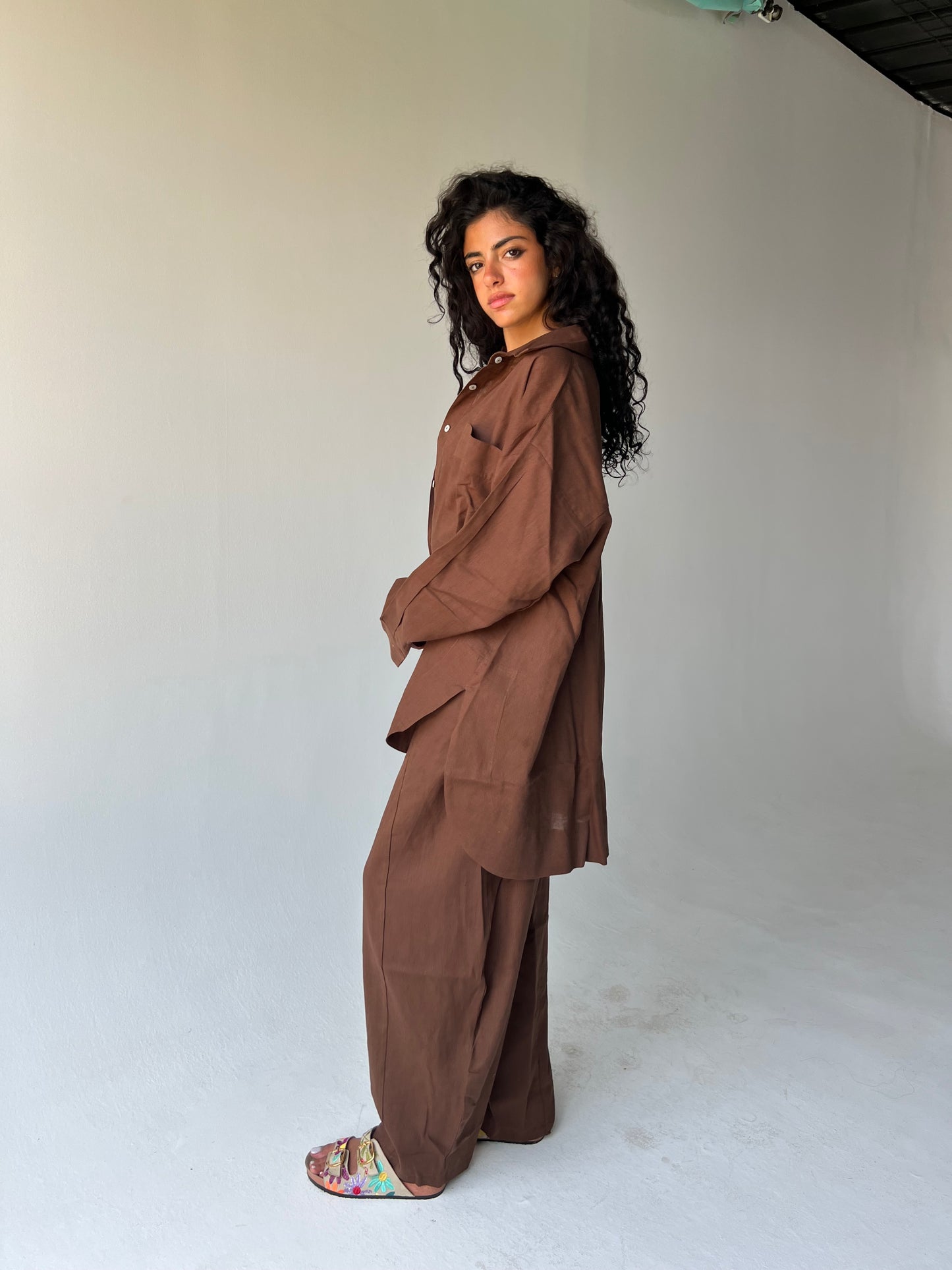 Oversized linen shirt-Brown