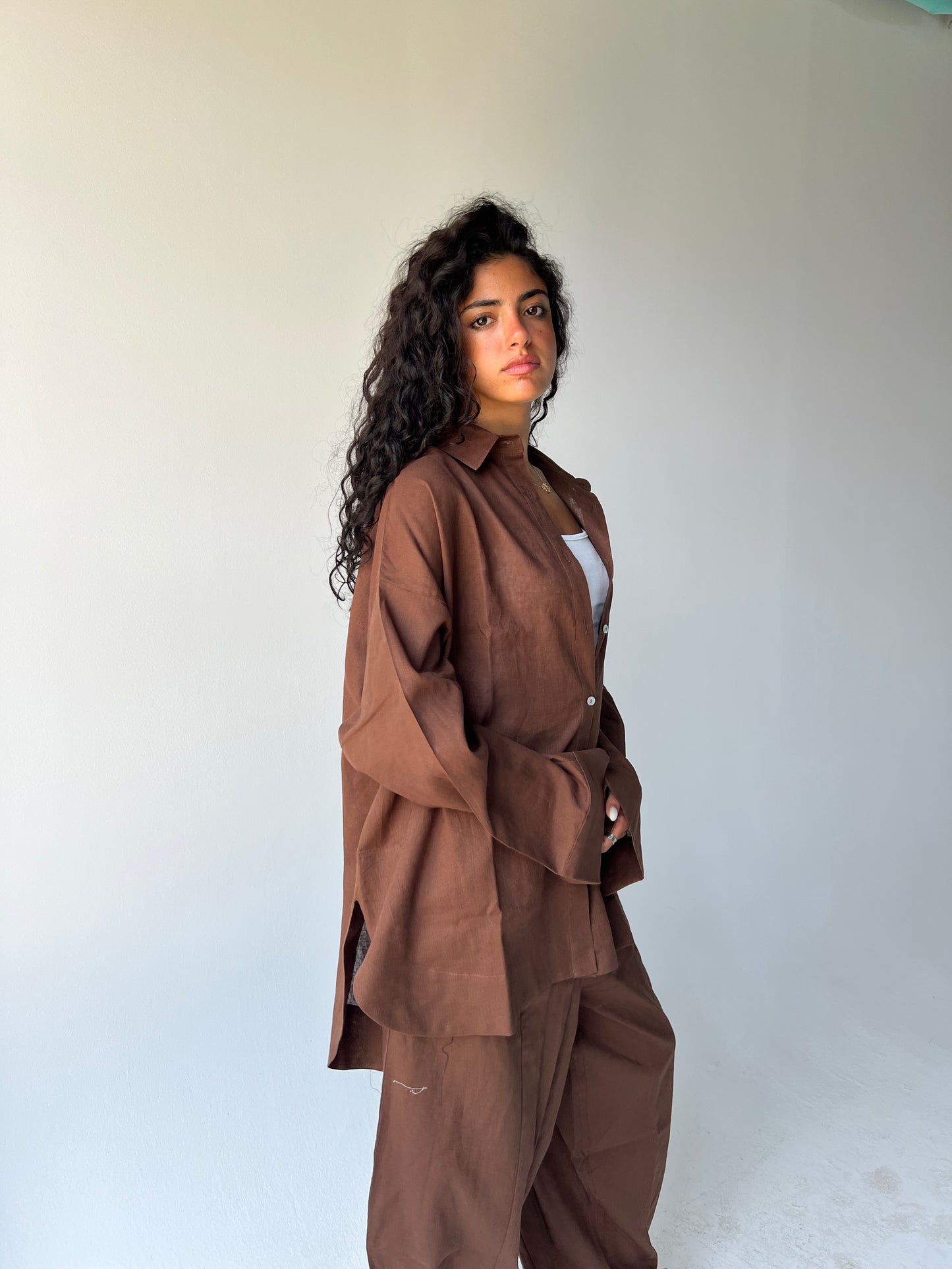 Oversized linen shirt-Brown