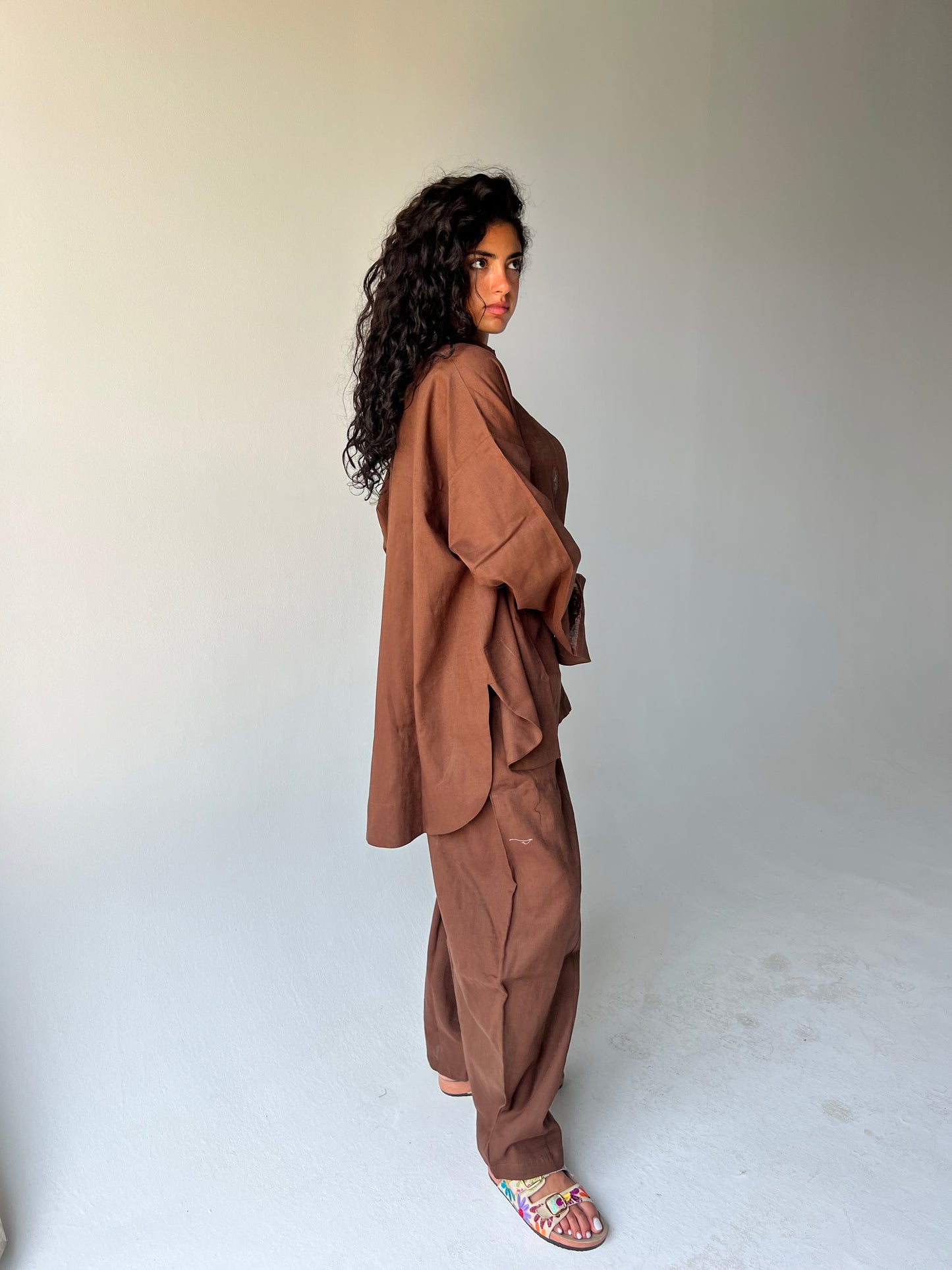 Oversized linen shirt-Brown
