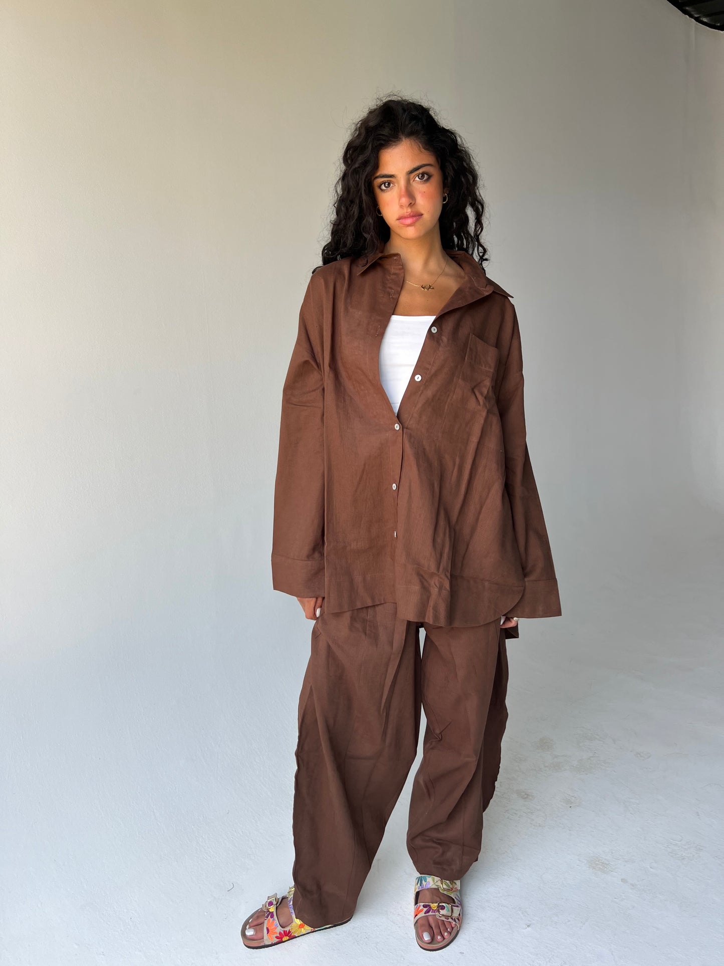 Oversized linen shirt-Brown