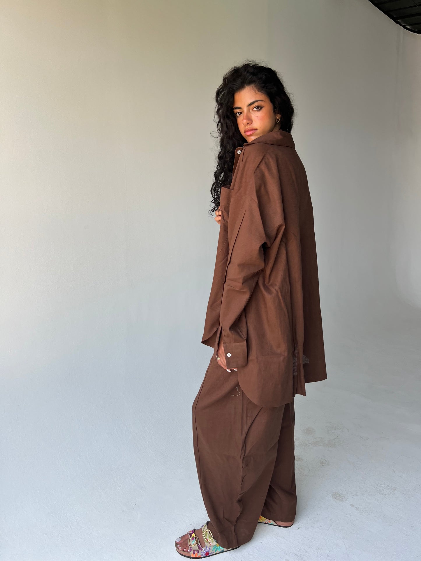 Oversized linen shirt-Brown