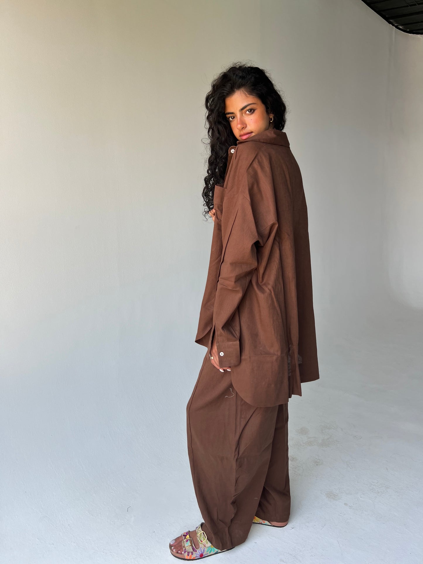 Oversized linen shirt-Brown