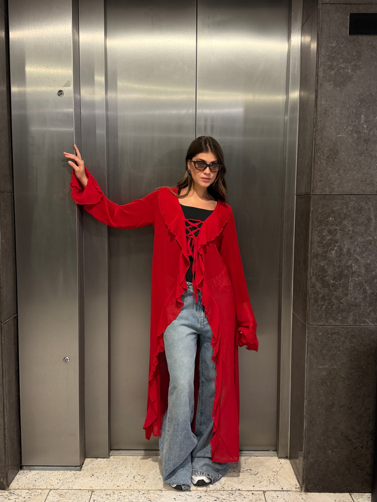 Ruffled cardigan-Red