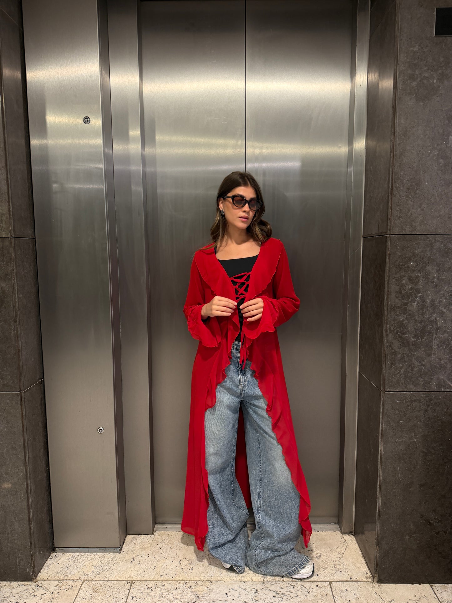 Ruffled cardigan-Red