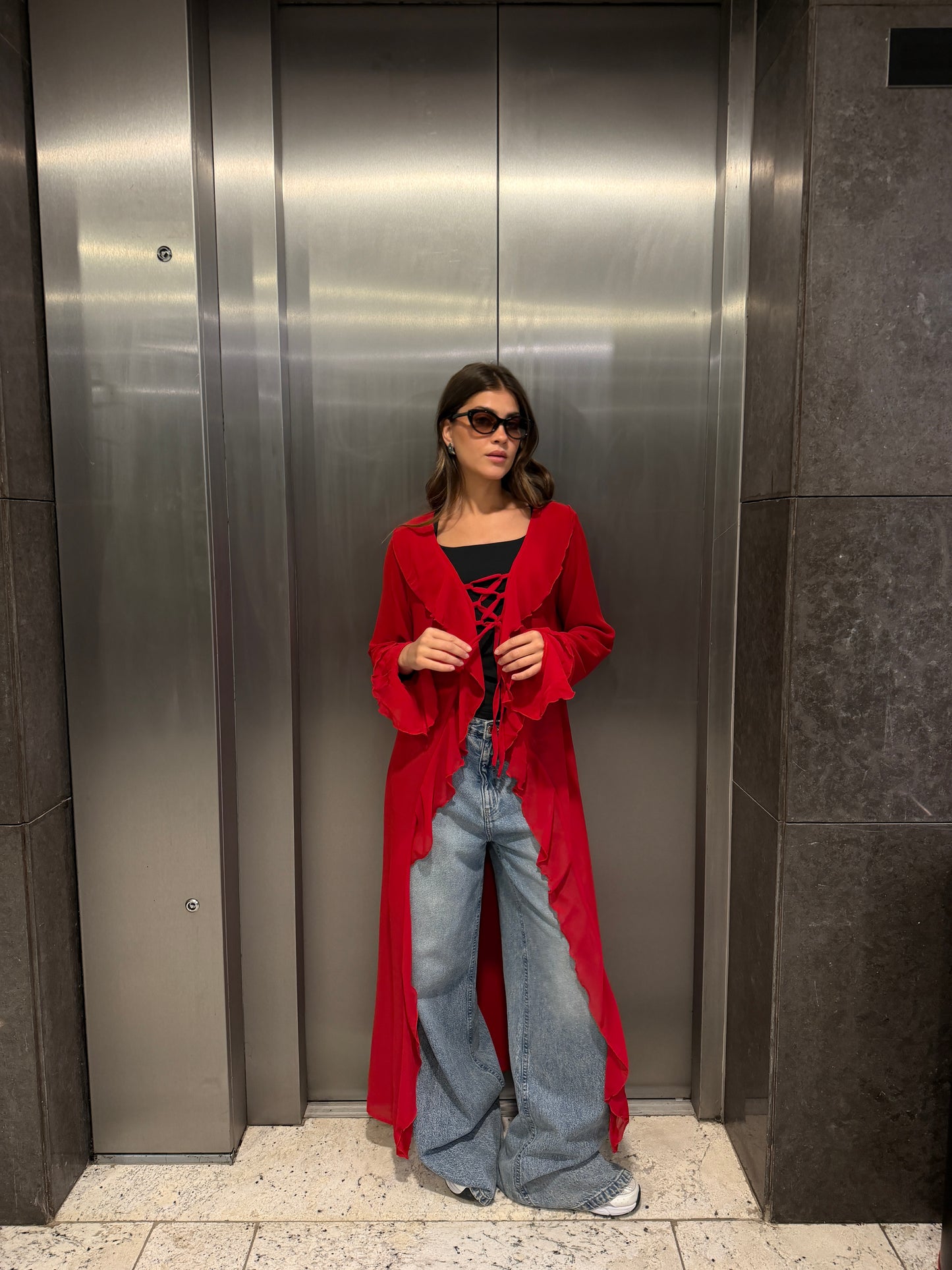 Ruffled cardigan-Red