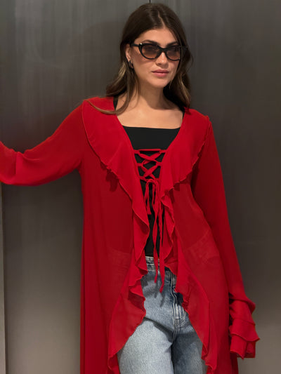 Ruffled cardigan-Red