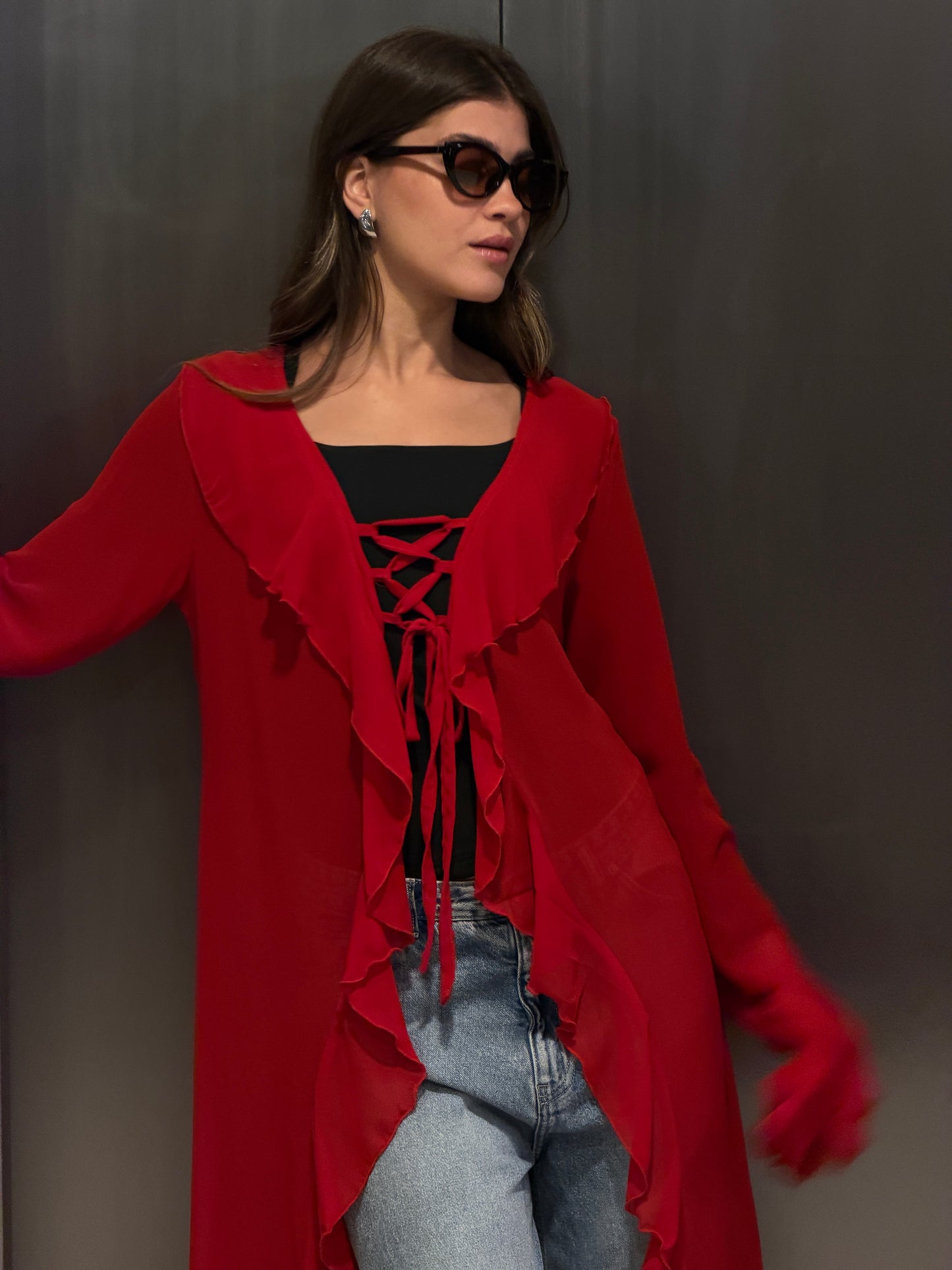 Ruffled cardigan-Red
