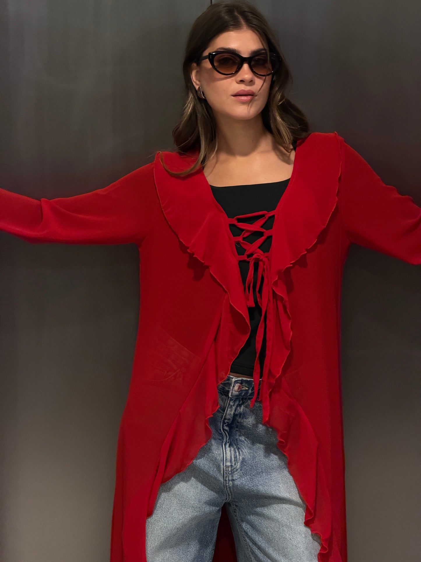 Ruffled cardigan-Red