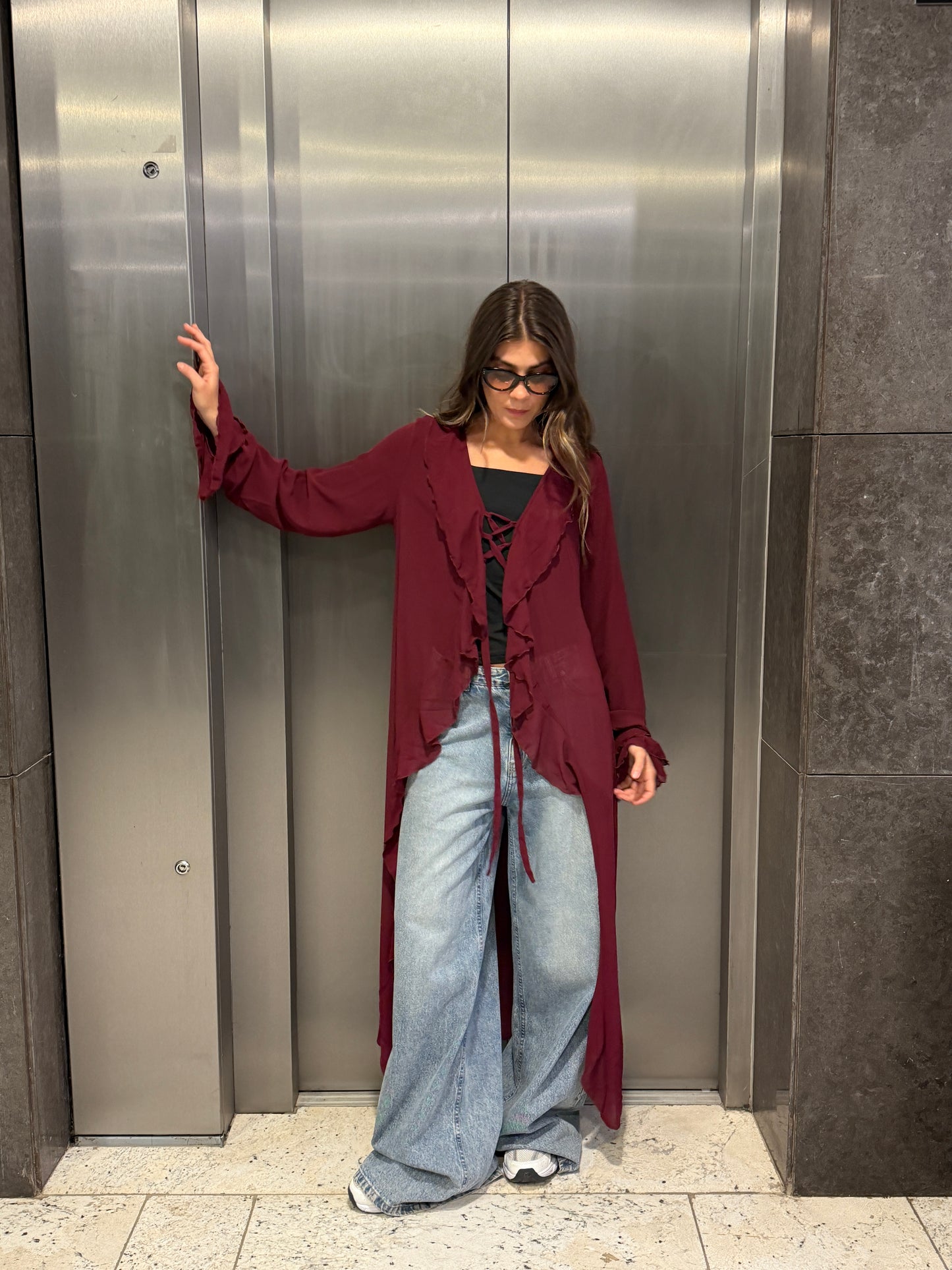 Ruffled cardigan-Burgundy