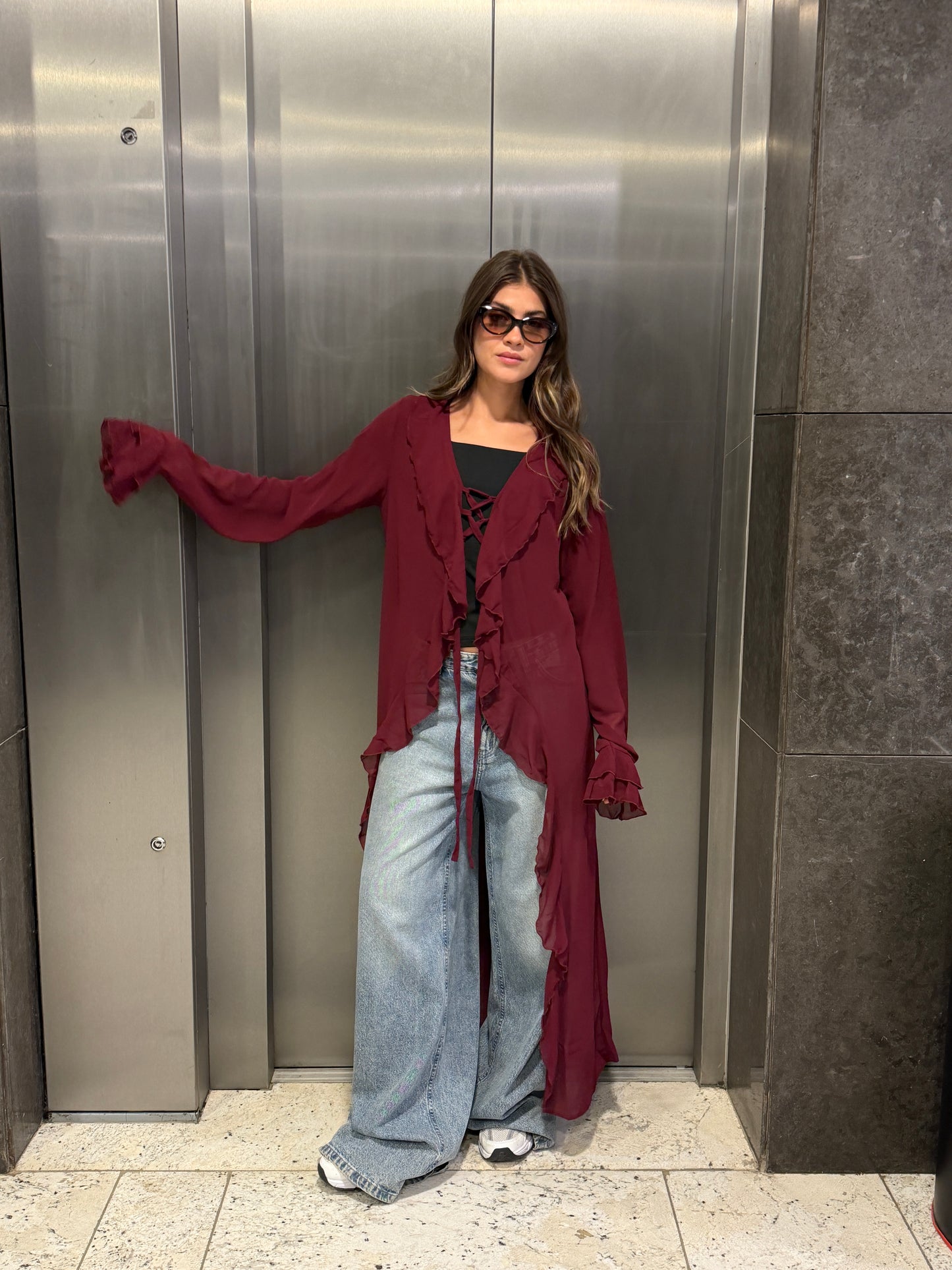 Ruffled cardigan-Burgundy