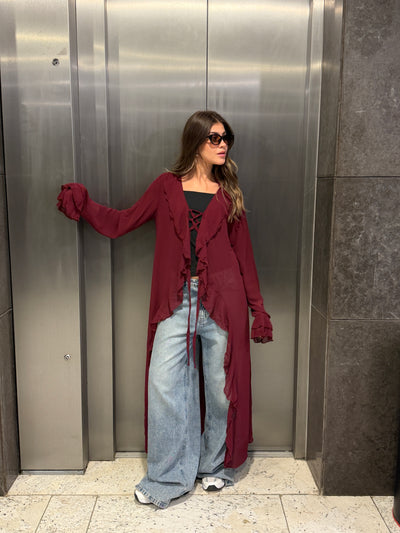 Ruffled cardigan-Burgundy
