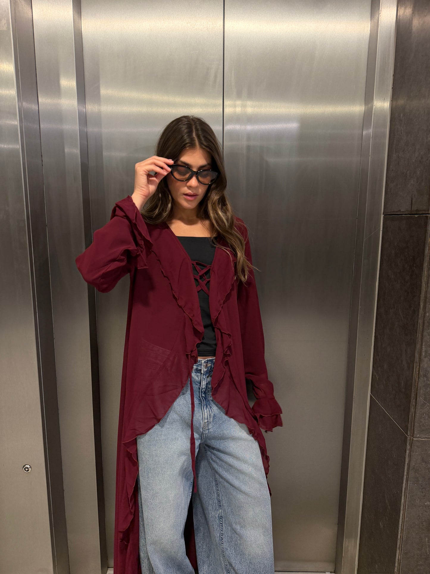 Ruffled cardigan-Burgundy