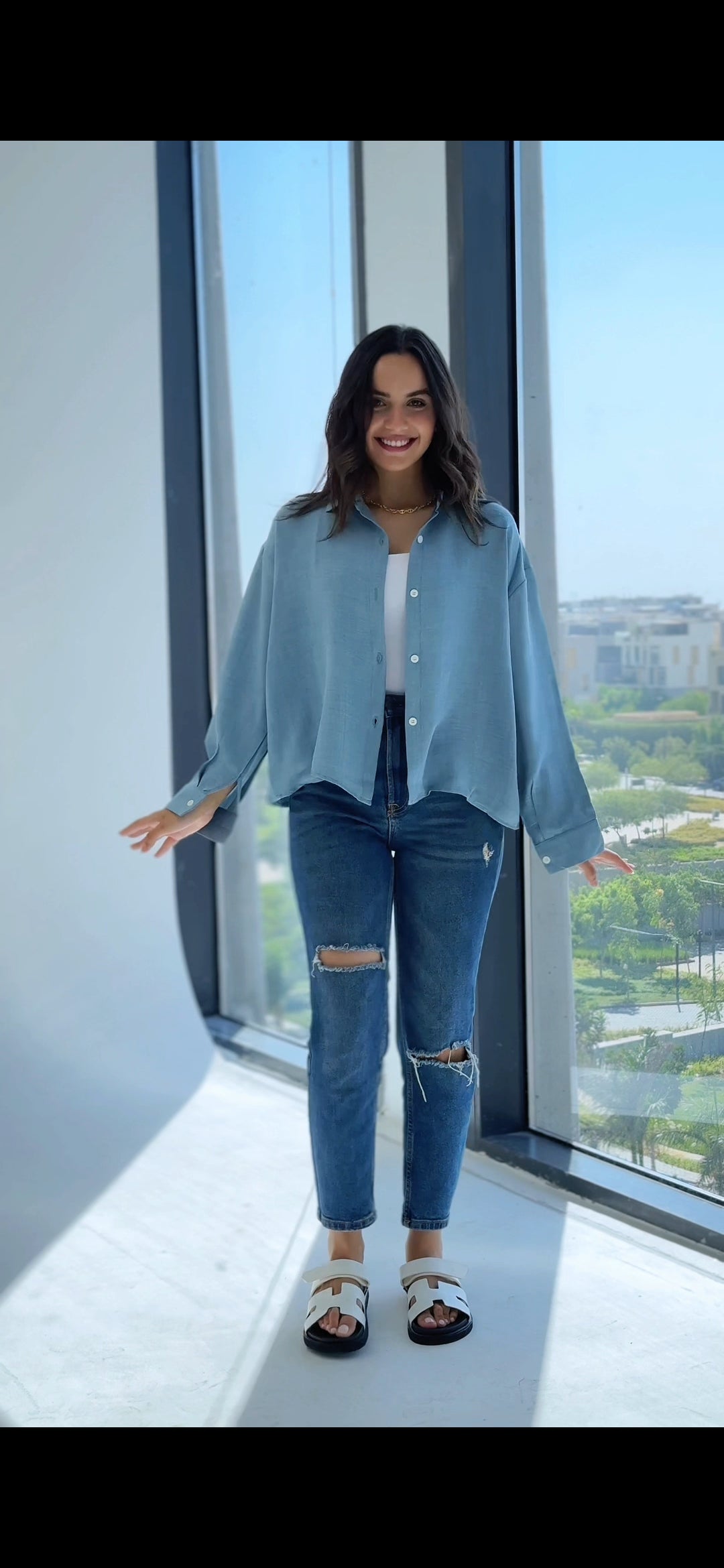 Cropped Linen Shirt-babyblue