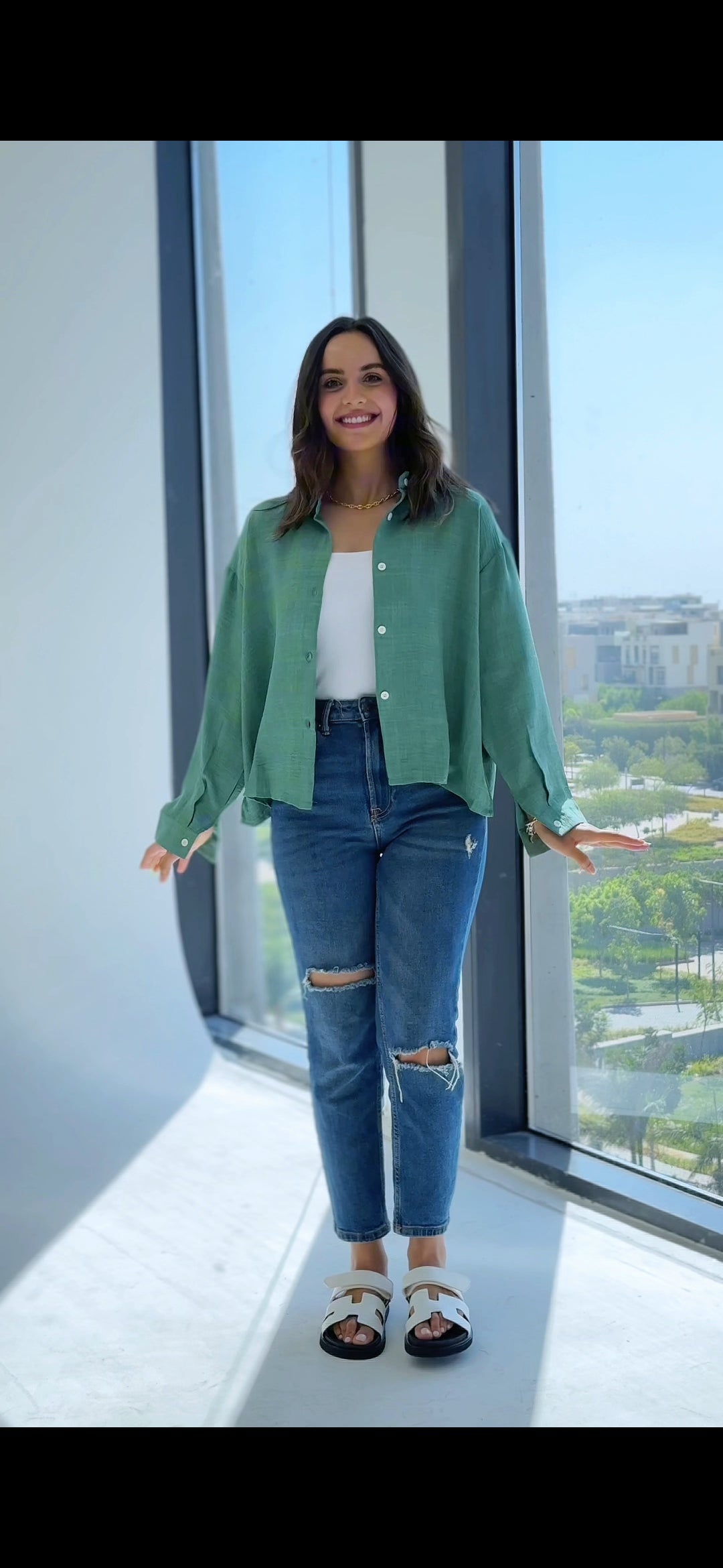 Cropped Linen Shirt-Green