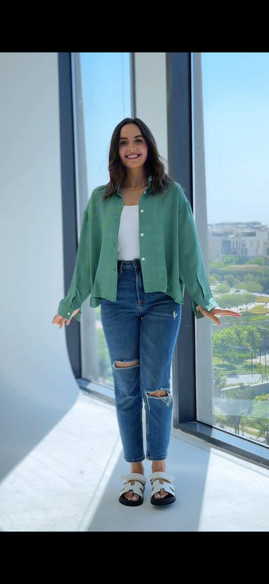 Cropped Linen Shirt-Green