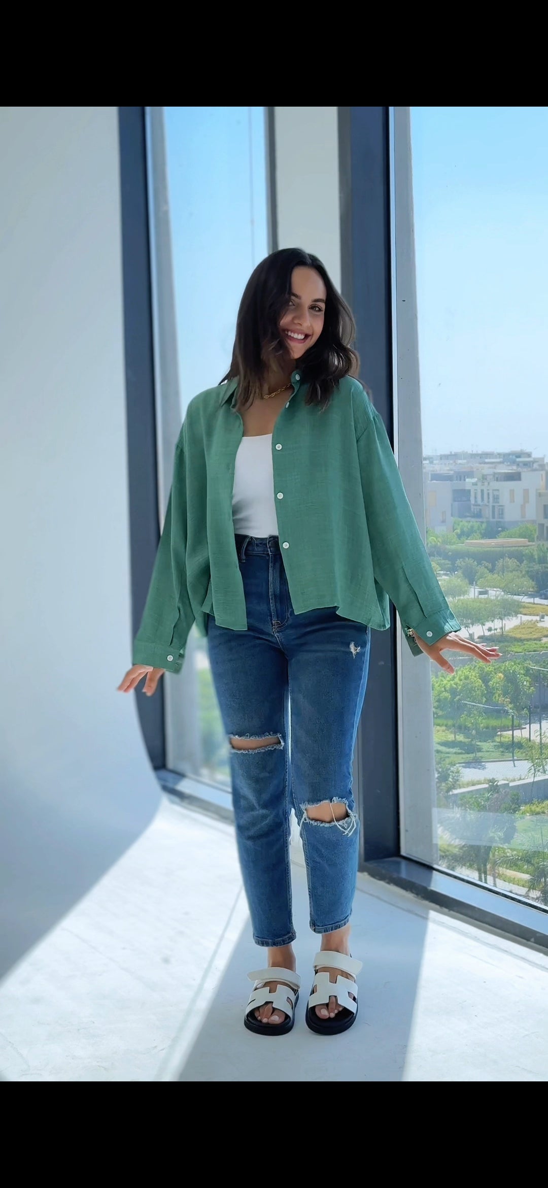 Cropped Linen Shirt-Green