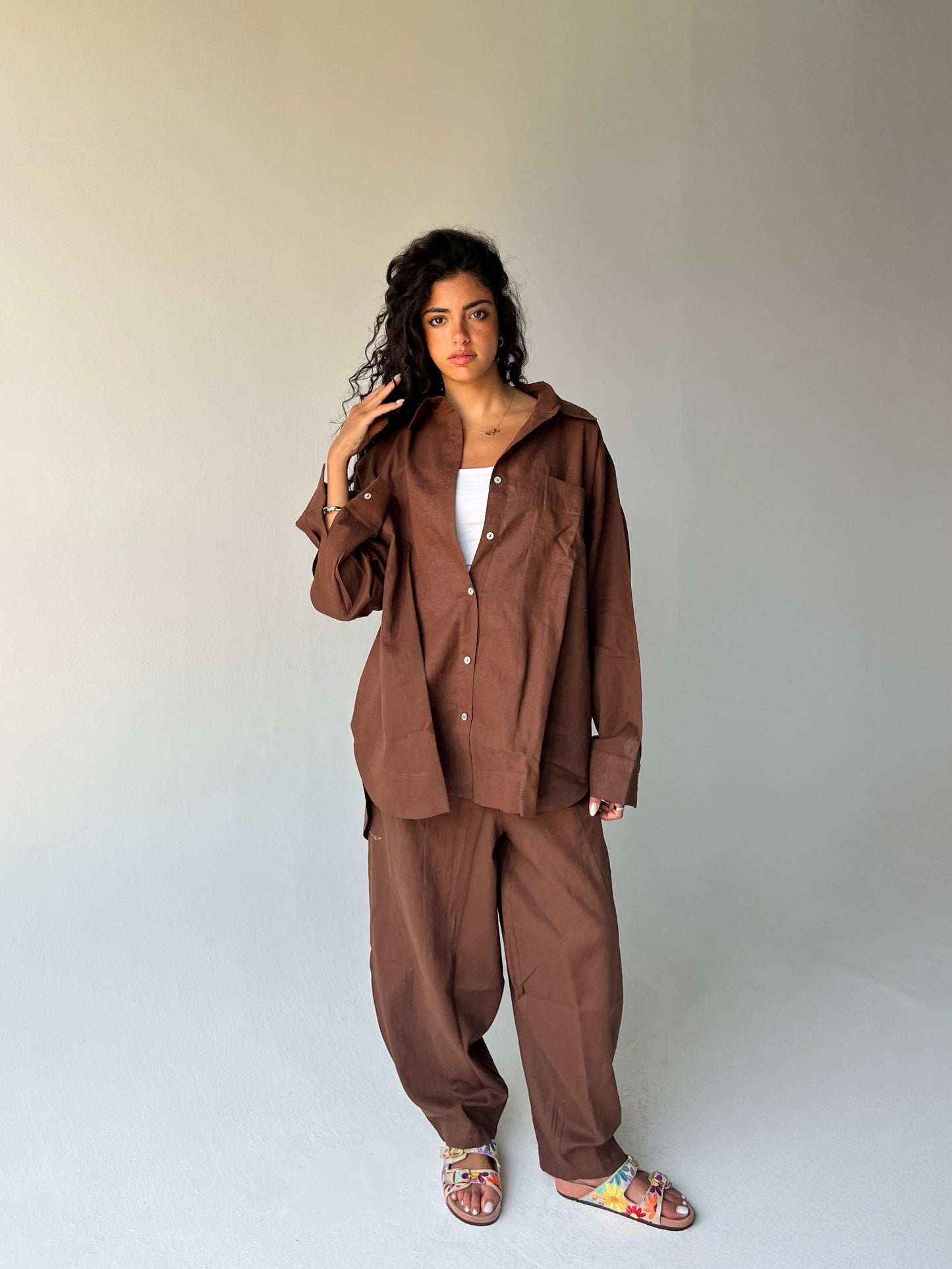 Oversized linen shirt-Brown