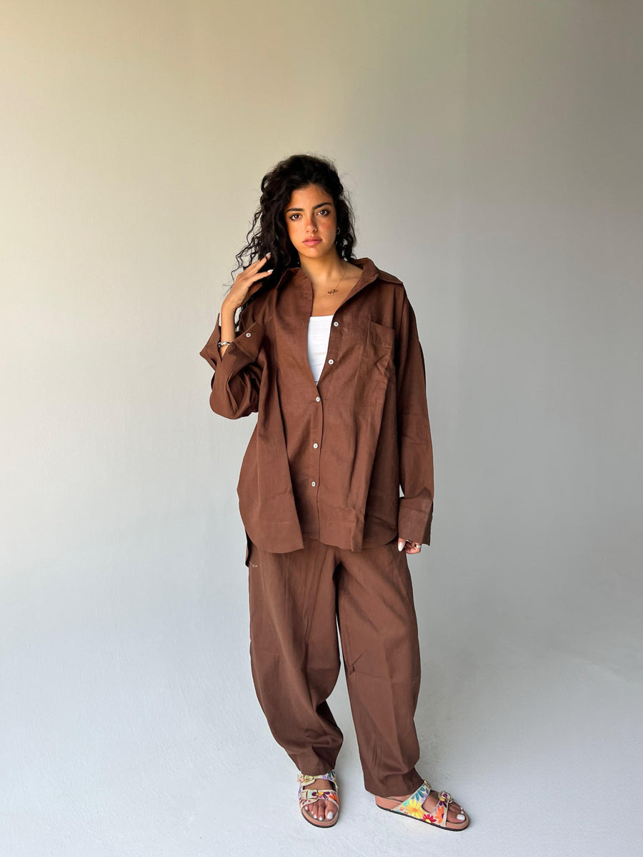 Oversized linen shirt-Brown