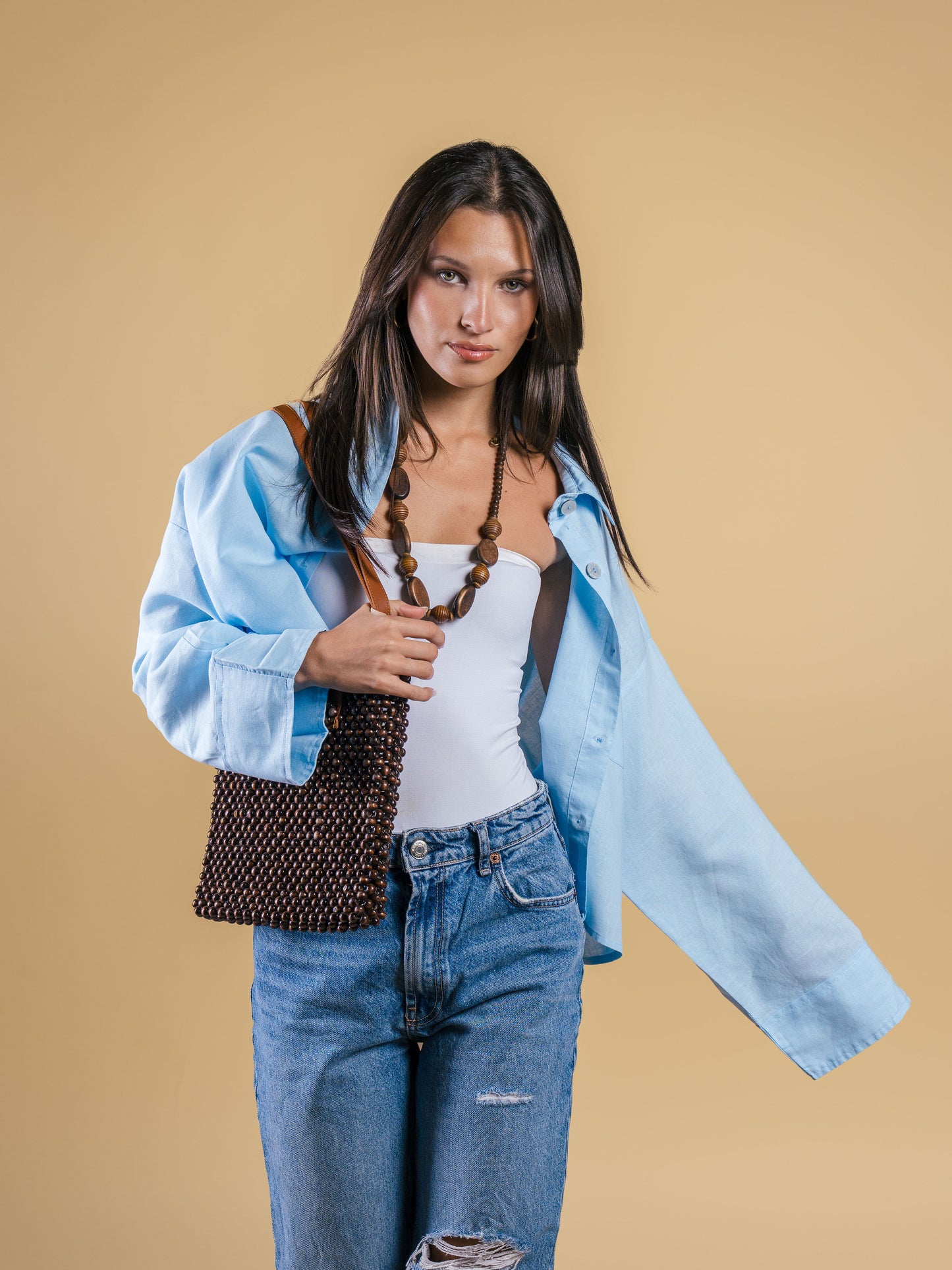 Cropped pure linen shirt-baby blue