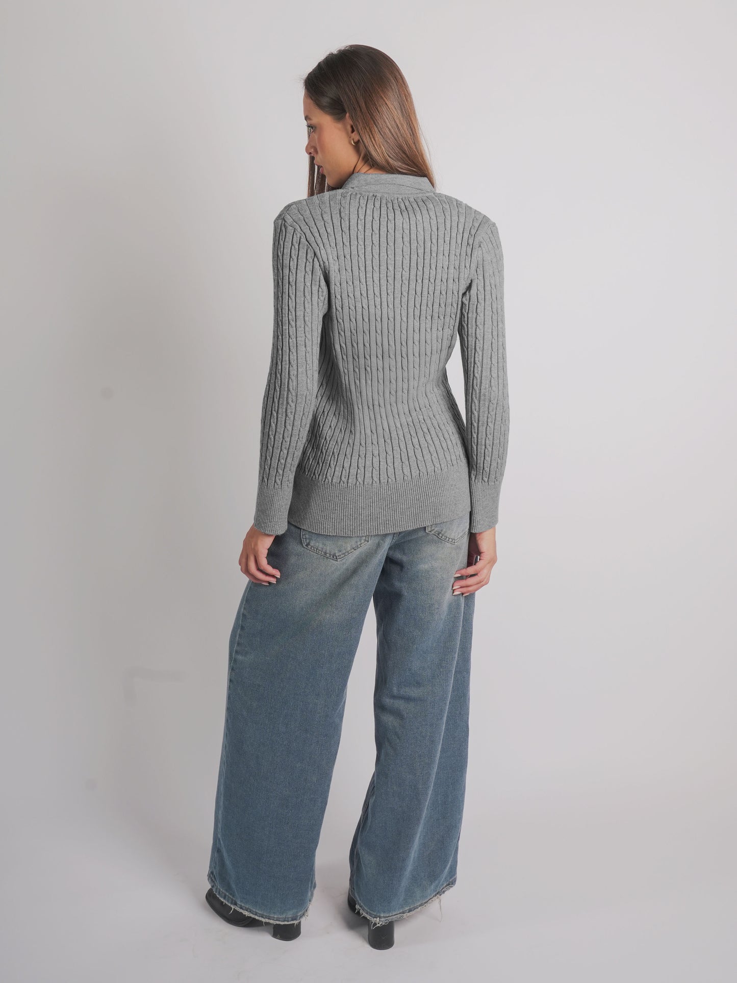 CABLE-KNIT POLO SWEATER-Gray