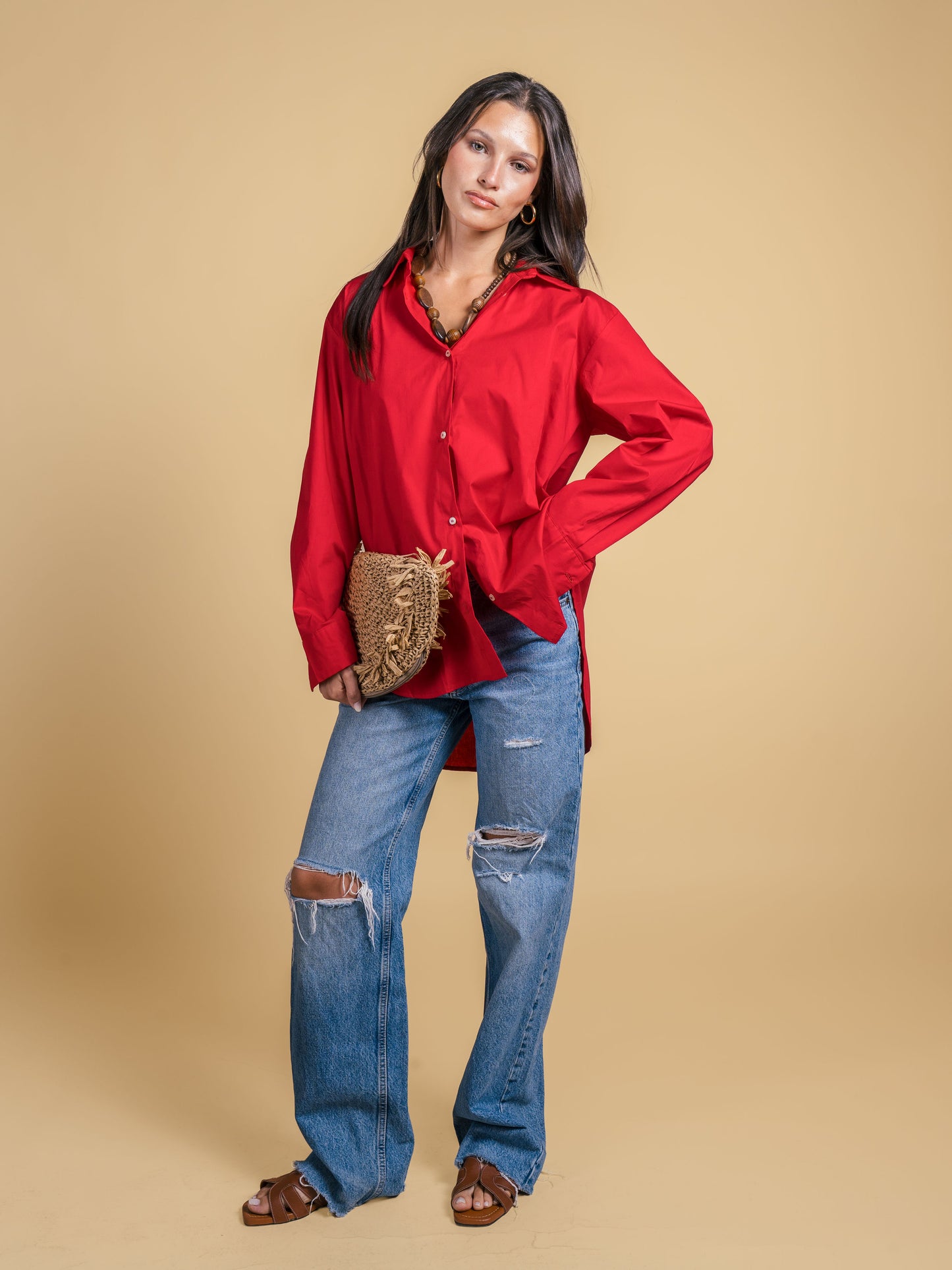 Long poplin shirt - Red