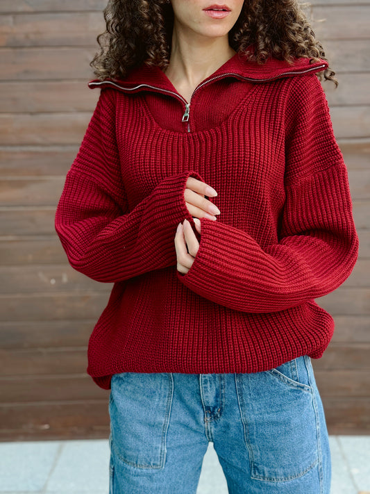 Zip Knit jumper-burgundy