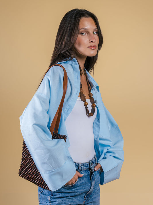 Cropped pure linen shirt-baby blue
