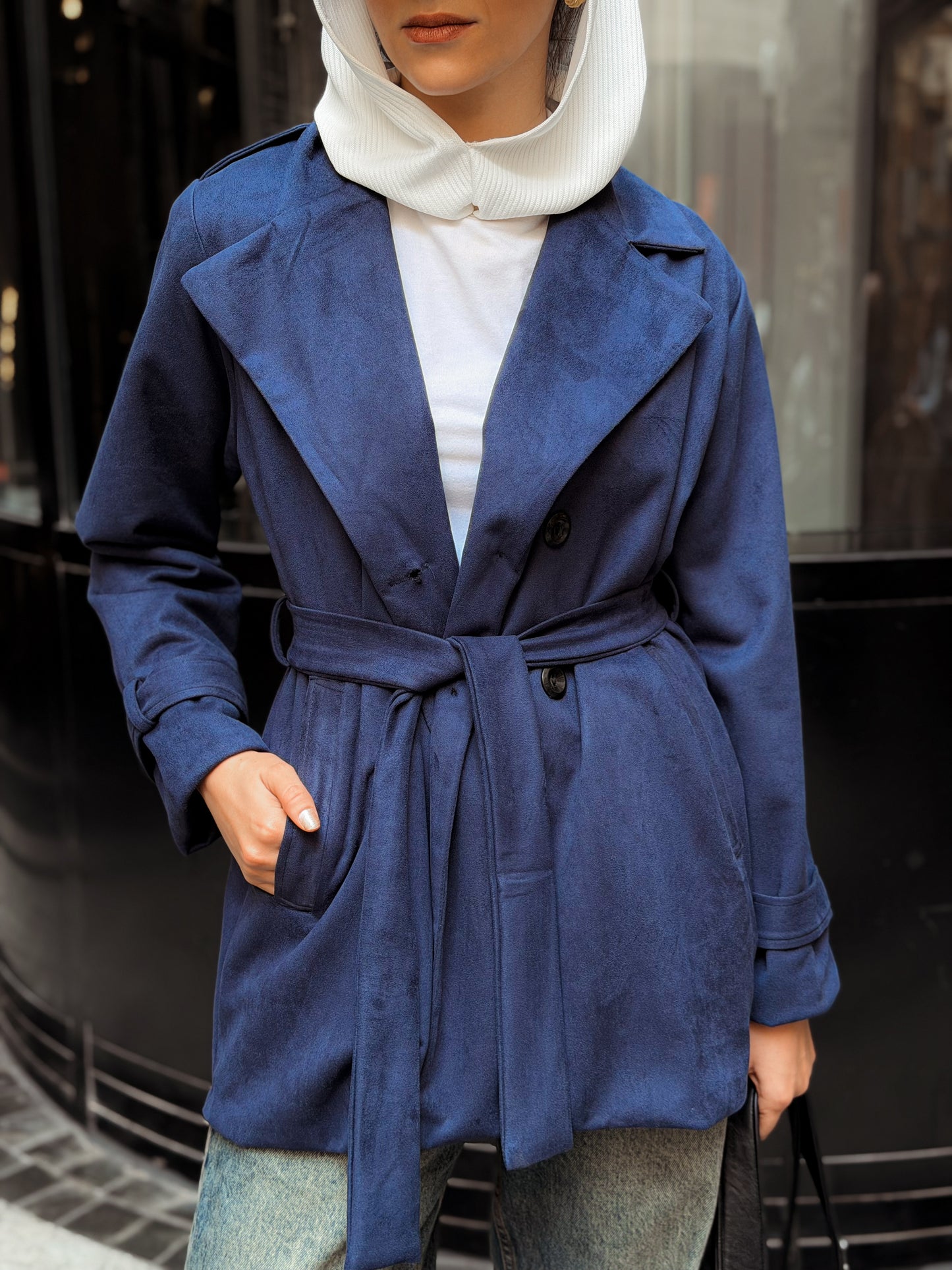 Suede trench coat-Navy