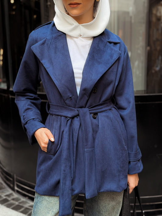 Suede trench coat-Navy