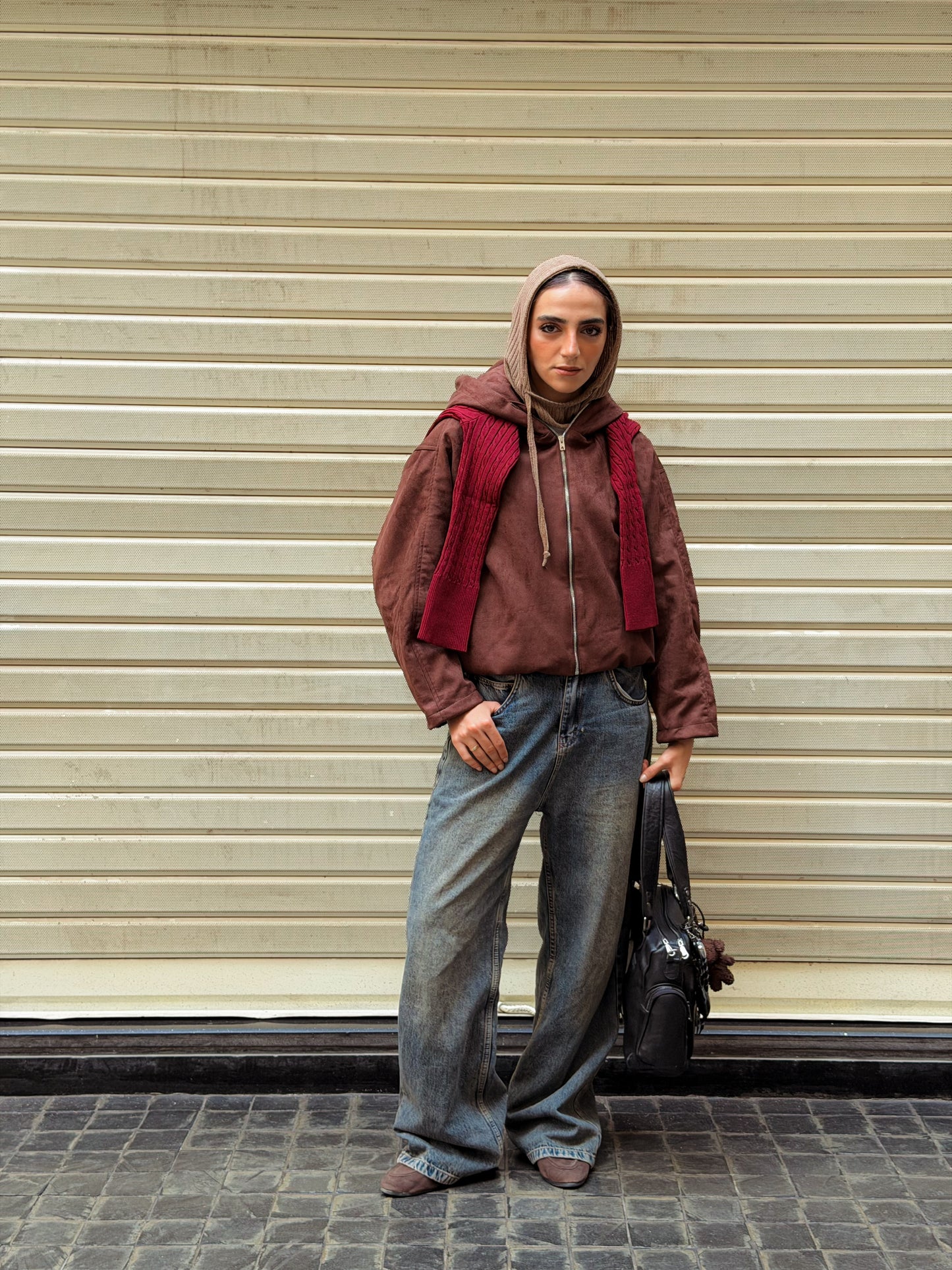 Cropped suede jacket-brown