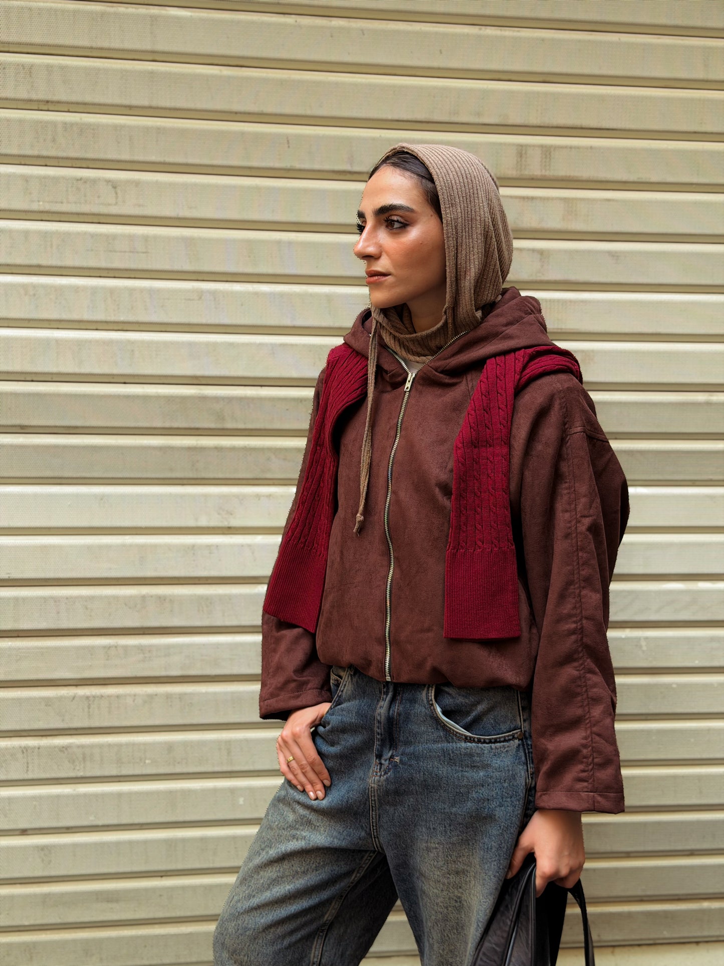 Cropped suede jacket-brown