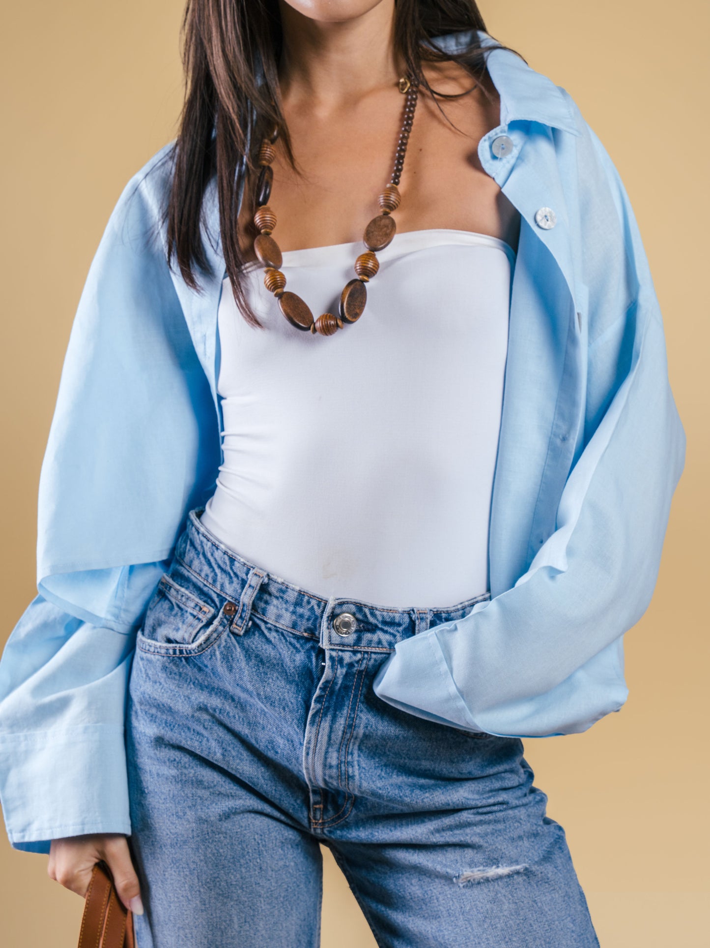 Cropped pure linen shirt-baby blue