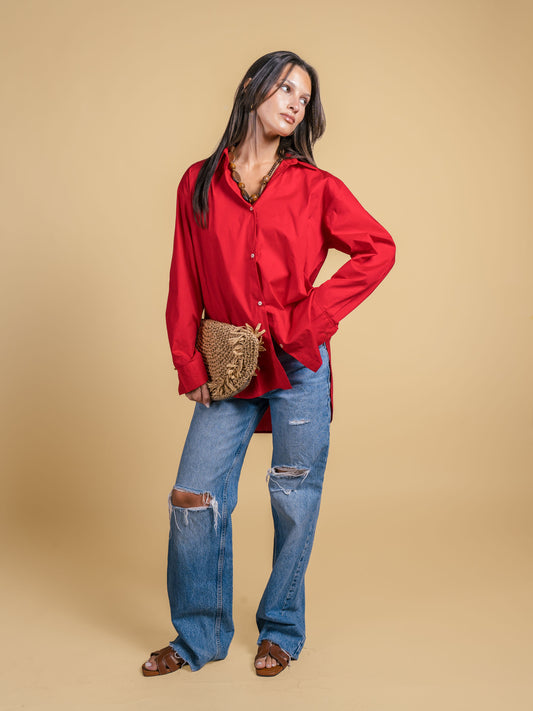 Long poplin shirt - Red