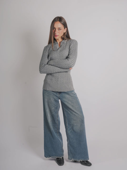 CABLE-KNIT POLO SWEATER-Gray